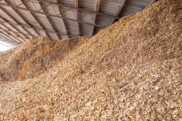 Piles Hardwood Wood Chips Stored Canopy Solid Fuel — Fotografia de Stock