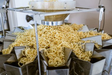 sorting and packing line of snack onion ring at factory conveyor for cereal snack production of flour products, technology production in food Industry