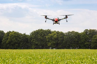 A modern solution in agricultural. Use of robotic systems with agriculture spraying drone fly to sprayed spraying chemical from insects - insecticides, fungicides, acaricide, or herbicides from weeds.