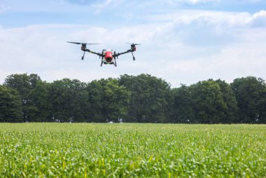A modern solution in agricultural. Use of robotic systems with agriculture spraying drone fly to sprayed spraying chemical from insects - insecticides, fungicides, acaricide, or herbicides from weeds.