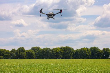 A modern solution in agricultural. Use of robotic systems with agriculture spraying drone fly to sprayed spraying chemical from insects - insecticides, fungicides, acaricide, or herbicides from weeds.