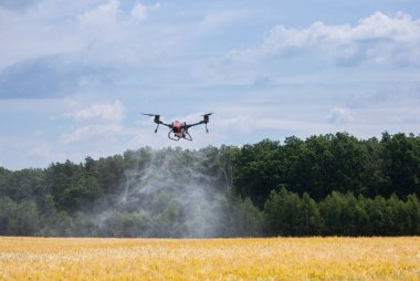 A modern solution in agricultural. Use of robotic systems with agriculture spraying drone fly to sprayed spraying chemical from insects - insecticides, fungicides, acaricide, or herbicides from weeds.