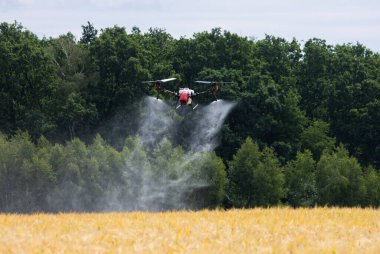A modern solution in agricultural. Use of robotic systems with agriculture spraying drone fly to sprayed spraying chemical from insects - insecticides, fungicides, acaricide, or herbicides from weeds. clipart