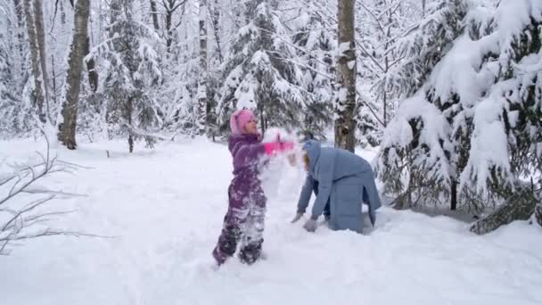 Beautiful senior woman is playing with her granddaughter in the snow forest. — Stock Video