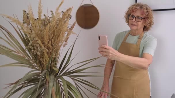 Portret seniorki w żółtym fartuchu robi zdjęcia suszonych kwiatów i ziół — Wideo stockowe