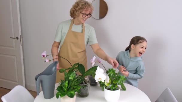 Çocuklu yaşlı kadın orkidelerinin tadını çıkarıyor. — Stok video