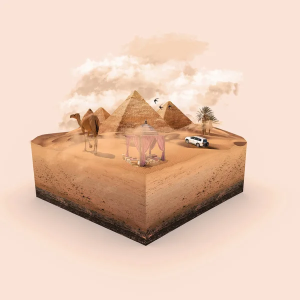 沙漠3D盒操作 骆驼和汽车在沙漠中驾驶 金字塔Pyramids 飞鸟沙漠帐篷 3D插图 操纵性拼凑金字塔沙漠 — 图库照片