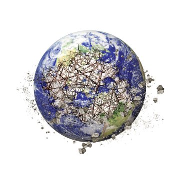 Dünya paramparça oldu. Küresel sıcaklık Küresel felaketler. Doğal afetler. Bozuk dünya. Dünya gezegeni yok ediyor ve çatlıyor. Gezegen tehlikede ve kırılgan. Üç boyutlu illüstrasyon. Fotoğraf değiştirmesi.