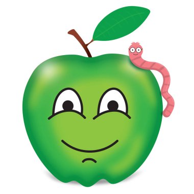 Yeşil elma logosu. Solucan yeşil elmanın üzerine indi. Gülümseyen karakterler. Dijital çizim. Güzel karikatür..