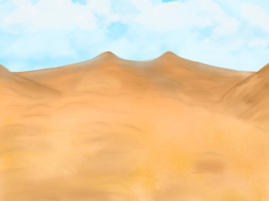 Kum tepeleri veya toprak tepeler. Arkaplan çizimi. Afrika 'da çorak topraklar. Sıcak sarı ve turuncu boş çöl panoramik manzarası altın sarısı kum tepeleri ile. 