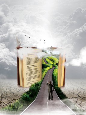 3D çizimler kitabın içindeki hayatı anlatır. Kitaptaki adam yola doğru bakıyor. Kitap manipülasyonu. Kitabı aç.