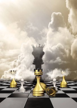 3D illustration. Overturned chess pieces and board. Crown of a king clipart