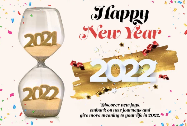 Happy New Year 2022. Template greeting card. Banner. 3D illustration sand watch. Christmas and New Year background. Greeting card, banner, poster. Loading new year 2021 to 2022.