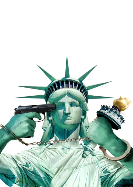 Statue of Liberty in New York isolated on white. The Statue of Liberty. He has a gun to his head. The imprisoned. Freedom. Freedom concept. 3D illustration.