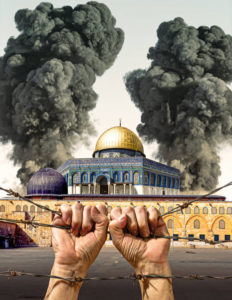 The war between Israel and Palestine. The smoke behind the Masjid Aqsa. Hands trying to escape from captivity. Barbed wire. Photo manipulation. Events in Jerusalem. Dome of the Rock.
