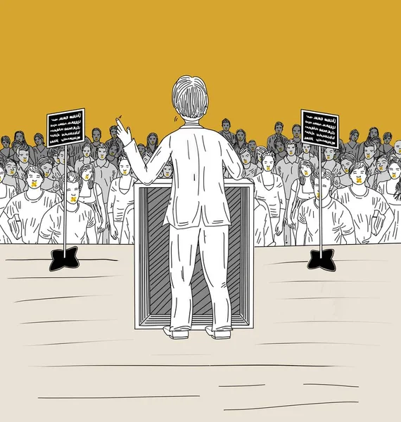 The president is talking to the public. Crowded people. The president speaks on the podium. People who should remain silent in front of the president. Freedom of idea. Digital drawing.