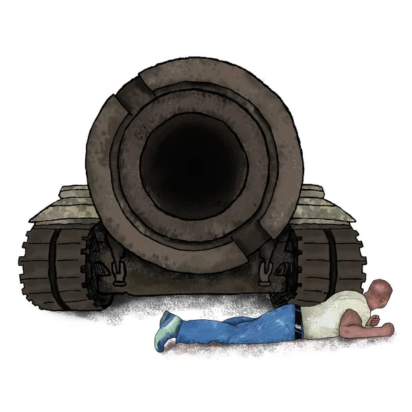 Der Mann Der Vor Dem Panzer Liegt Und Sein Land — Stockfoto