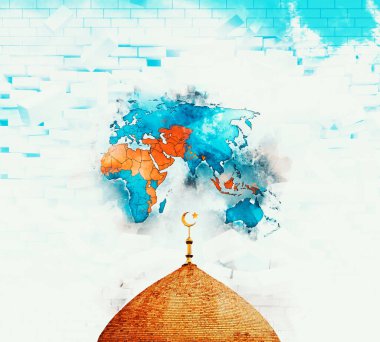İslami coğrafyayı gösteren harita. Müslüman ülkeler. Cami minaresi. Yıkılan duvarlar. Dünya haritasındaki Müslüman ülkeler.