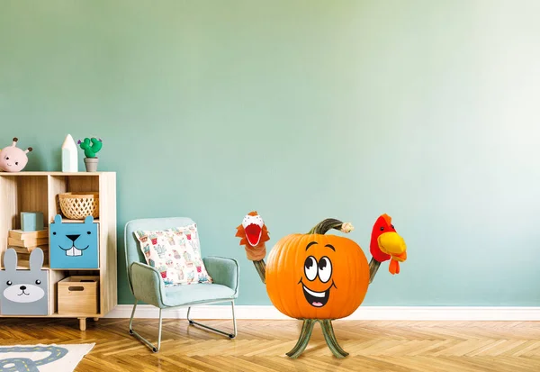 Pumpkin plays with puppets. Character design. Photo manipulation. Cartoon fresh green pea pod character mascot smiling.
