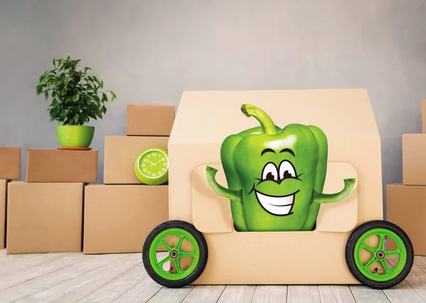Green Pepper built a cardboard car inside the room. He gets out of the car window, having fun. Fun activities. Photo manipulation. Cartoon fresh green pea pod character mascot smiling.