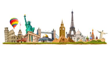 Pisa Kulesi, Kolezyum, Bakire Kulesi, Özgürlük Heykeli, Saat Kulesi, Piramitler, Eyfel Kulesi, Taj Mahal, Büyük Duvar. Dünyanın en ünlü turistik yapıları. Fotoğraf manipülasyonu. 3B illüstrasyon
