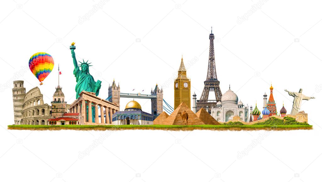 Tower of Pisa, Colosseum, Maiden's Tower, Statue of Liberty, Clock Tower, Pyramids, Eiffel Tower, Taj Mahal, Great Wall. The world's most famous tourist structures. Photo manipulation. 3D illustration