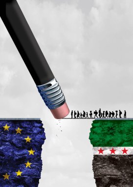Mülteci reddi. Avrupa Birliği ve Suriye. Dünyadaki mülteci sorunu ve kriz. 3B illüstrasyon. 