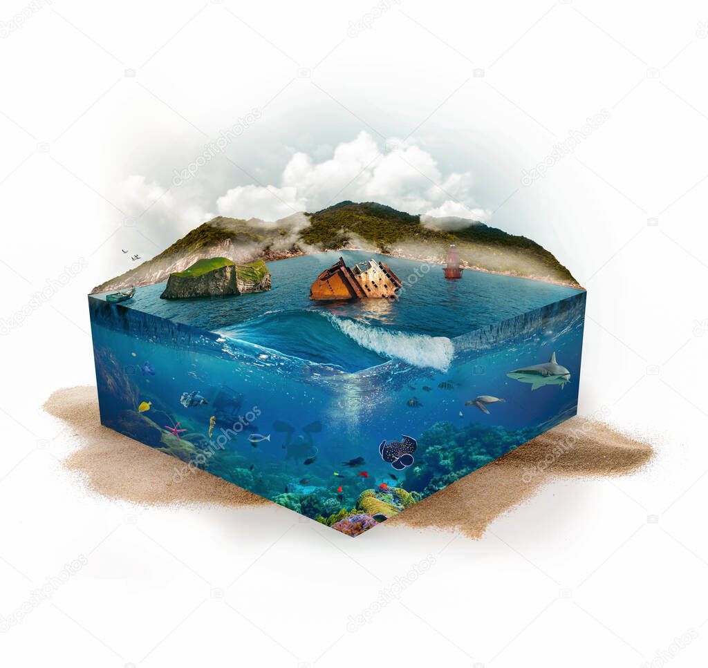 Underwater and above water. Mountain, boat, fish lighthouse, whale, stingray, turtle, starfish. Underwater and surface life. 3D illustration. Travel and vacation background. Photo manipulation.