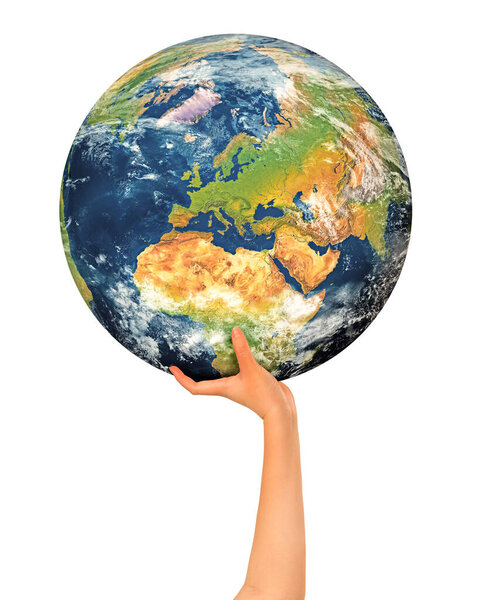 The woman holding the world in her hands. Photo manipulation. Woman hands gesturing isolated on white background. 