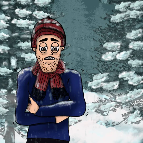 Людина Яка Холодна Взимку Малюнок Мультфільму Тремтячою Людиною Сніжна Погода — стокове фото