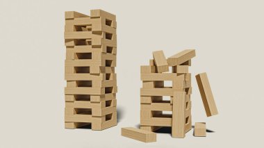 Tahta oyun Jenga. Beyaz arka planda tahta bloklar. Jenga kulesi çöküyor. Kule ayakta ve çöktü. 3d oluşturma.