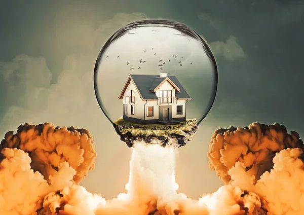 Rising House Prices House Flies Missile Glass Dome Economic Difficulties — ストック写真