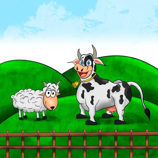 羊と牛が草の上で向かい合っている 犠牲の祭りだ 農場で動物の放牧 デジタル ドローイング 漫画のキャラクター かわいい動物 — ストック写真