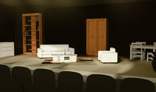 Theater Bühnenbild Rendering Innenraumzeichnung Sitzgarnitur Sessel Couchtisch Schrank Tisch Und — Stockfoto