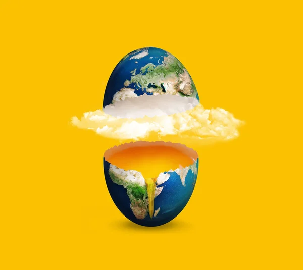 核の脅威だ 第二次世界大戦の抽象概念 大虐殺だ 卵に身を包んだ世界 壊れた卵が流れている 3Dイラスト 自然への害 — ストック写真