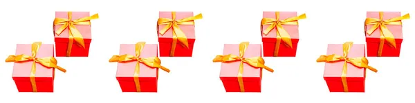 Een Spandoek Geschenkdozen Van Rode Kleur Met Een Gele Strik — Stockfoto