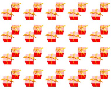 Kusursuz bir geçmişi ve hediyeleri var. Sarı fiyonklu kırmızı hediye kutuları. İzole edilmiş beyaz arka plan. Büyük İndirim Günü