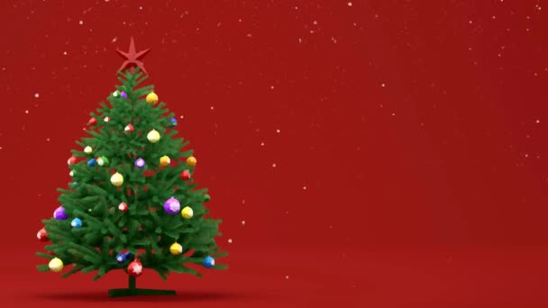 Animation faux Christmas tree with toys stands on a red background. Its  snowing. Space for text. 3D rendering of animation. — Stock Video ©  @ #532730692