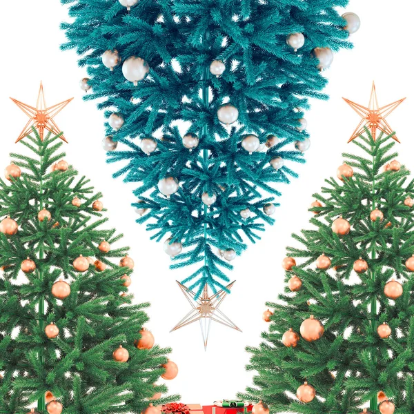 Η ιδέα των Χριστουγέννων. Τρία χριστουγεννιάτικα δέντρα με στρογγυλά παιχνίδια και ένα αστέρι. Το χριστουγεννιάτικο δέντρο κρέμεται από το ταβάνι στη μέση. Μια γιορτή δύο κόσμων. Απομονωμένο λευκό φόντο. 3D απόδοση. — Φωτογραφία Αρχείου