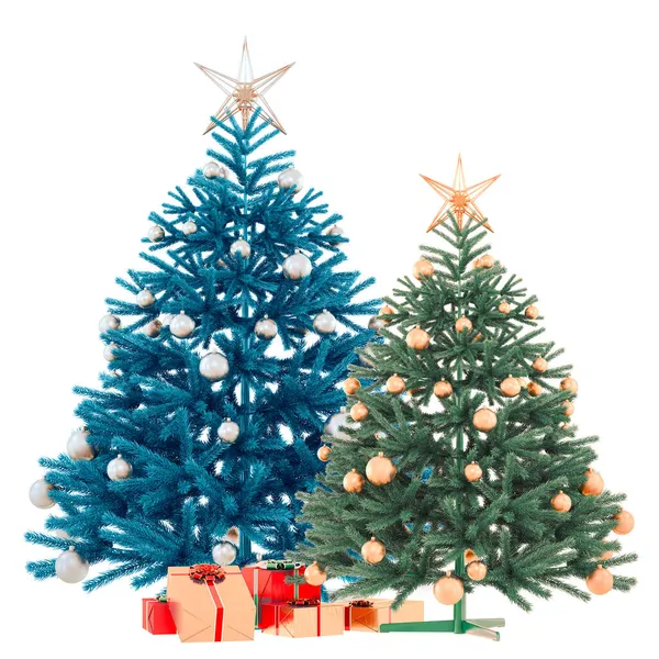 星と贈り物を持つ2つの装飾された青と緑のクリスマスツリー。隔離された白い背景。弓付きの箱。テキスト用の場所。クリスマスカード、店の広告、クリスマスツリーの販売。3Dレンダリング — ストック写真