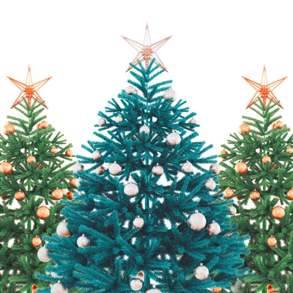 白い背景に丸みを帯びたおもちゃと金の星を持つ3つの人工クリスマスツリー。白い隔離された背景。3Dレンダリング. — ストック写真