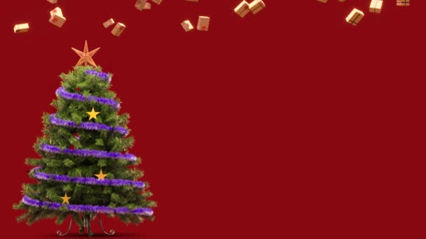 3D animation of falling golden gifts against the background of the Christmas tree and red background. 3D rendering. Christmas card. — Stock Video