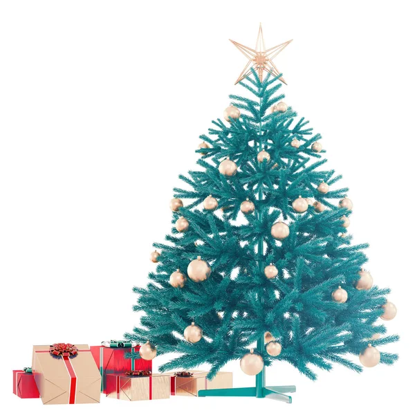 星と贈り物と人工クリスマスツリーを飾る。隔離された白い背景。弓付きの箱。テキスト用の場所。3Dレンダリング — ストック写真