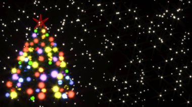 Aydınlatılmış, yuvarlak, çok renkli bir bokeh ile bir Noel ağacı tasviri. Yıldızlı siyah bir arkaplanda. Defocus, bulanık görüntü. 3B görüntüleme.