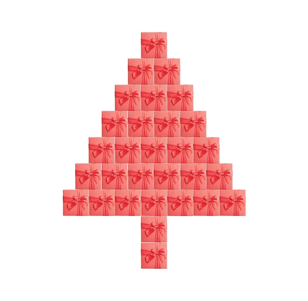 Silueta de un árbol de Navidad hecho de cajas de regalo rojas. Fondo aislado, blanco. Renderizado 3D — Foto de Stock
