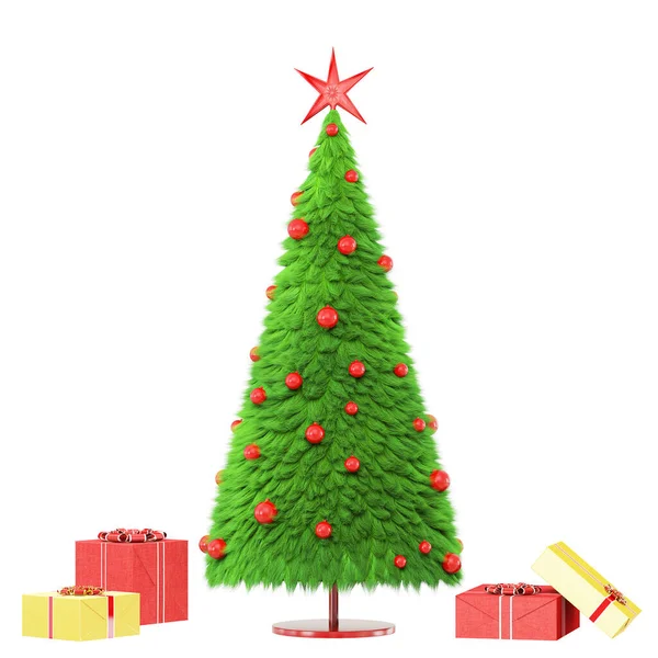 赤いおもちゃとギフトボックスが近くにある毛皮で作られたクリスマスツリー。新年とクリスマスのグリーティングカード。白地だ。3Dレンダリング — ストック写真