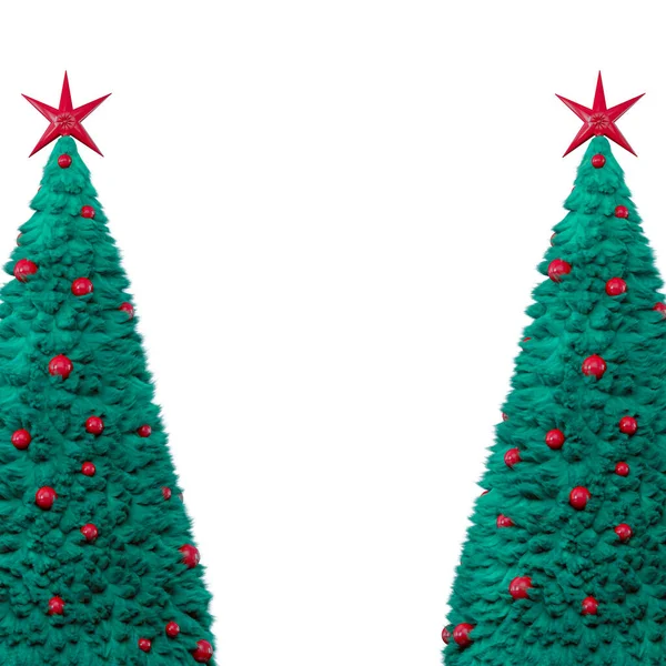赤いおもちゃと星で飾られた2本の毛皮のクリスマスツリー。フレームの端に2本のクリスマスツリー。テキストのための空の中央の場所。白地だ。郵便はがきだ。3Dレンダリング — ストック写真