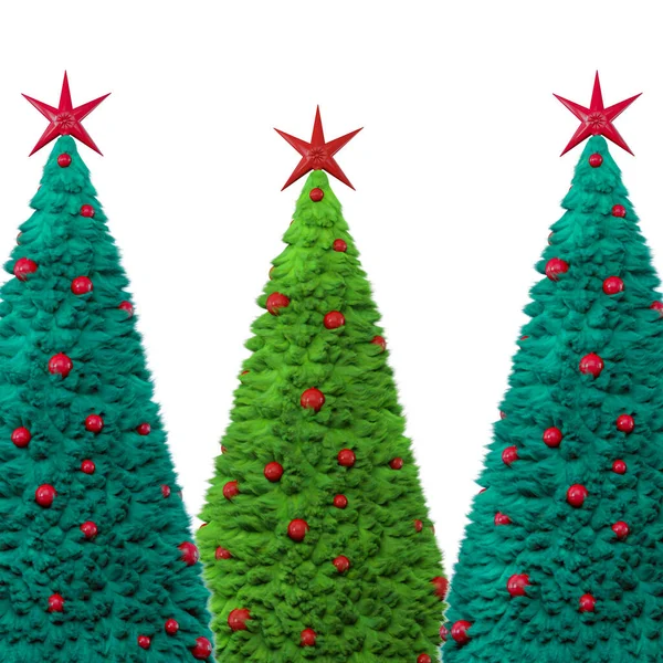 赤いおもちゃと星で飾られた3本の毛皮のクリスマスツリー。カードを呼んで。白地だ。郵便はがきだ。3Dレンダリング — ストック写真