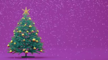 Düşen karın animasyonu. Oyuncak dolu bir Noel ağacı ve menekşe arkaplanda bir yıldız. Mesajın için yer aç. Kartpostal animasyonu, tebrikler. 3d canlandırma canlandırması