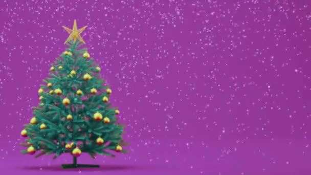 Animace padajícího sněhu. Vánoční stromek s hračkami a hvězdou na fialovém pozadí. Místo pro textovku. Animace pohlednic, gratuluji. Animace 3D vykreslení — Stock video